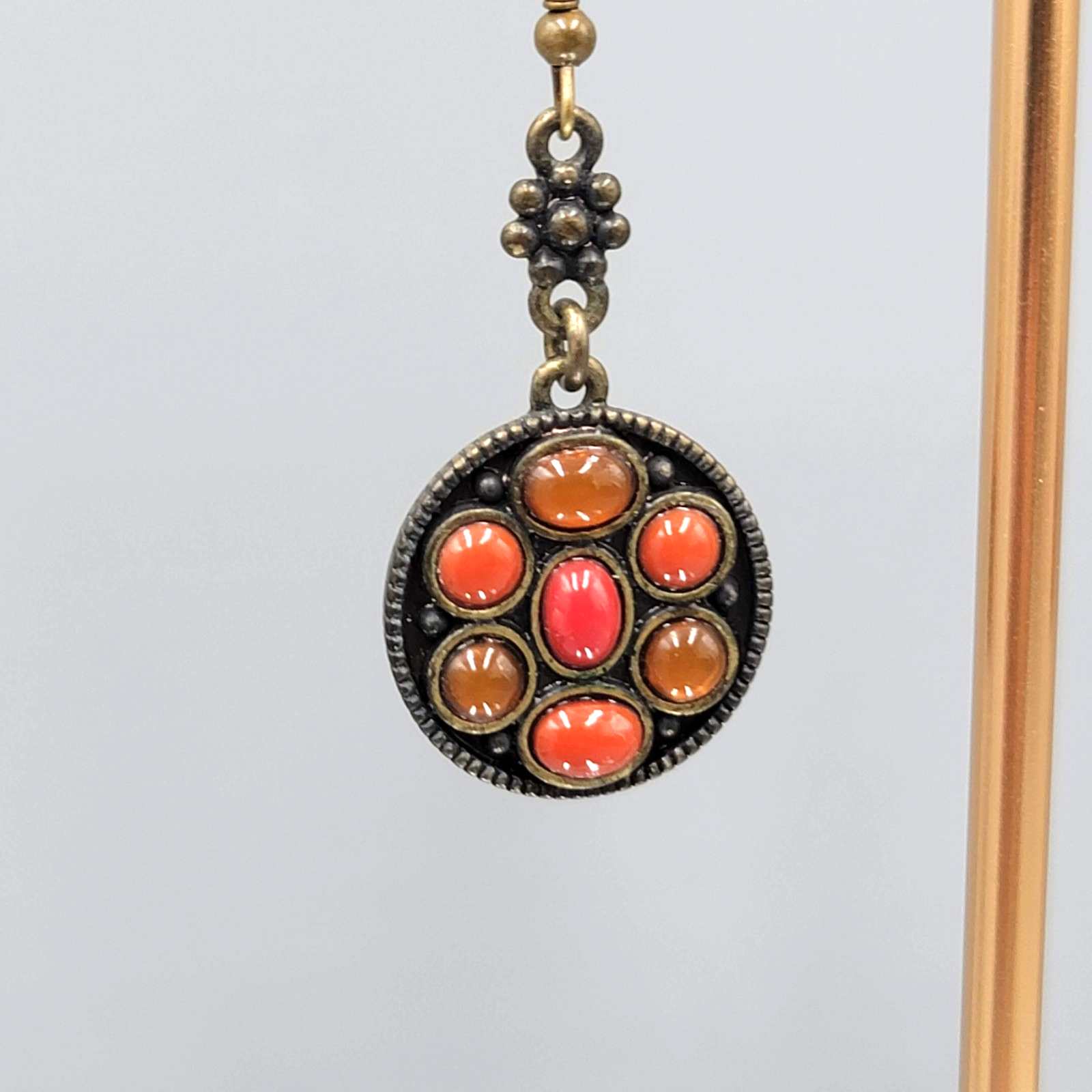 Orange Cabochon Pierced Earrings Bronze tone Dangle Round 1 1/8 in