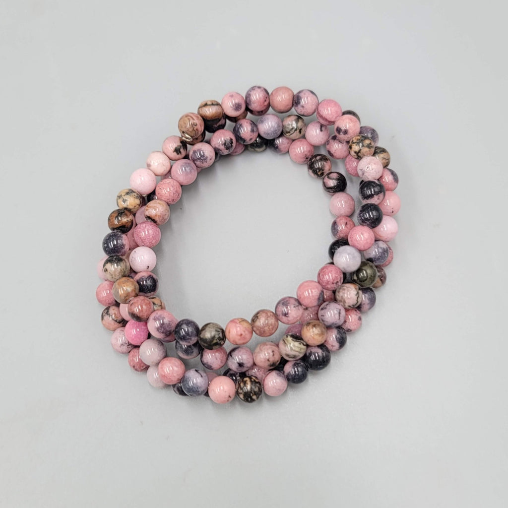 Pink Black Stone Beads Wrap Bracelet Memory Wire 7"