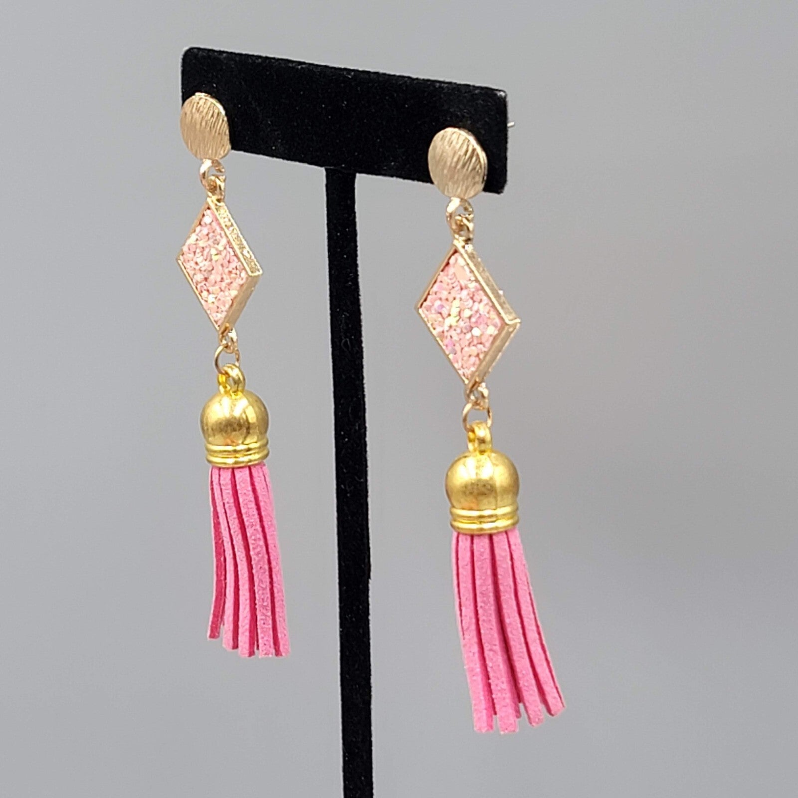 Pink Tassel Pierced Earrings Gold tone Dangle Long 3"
