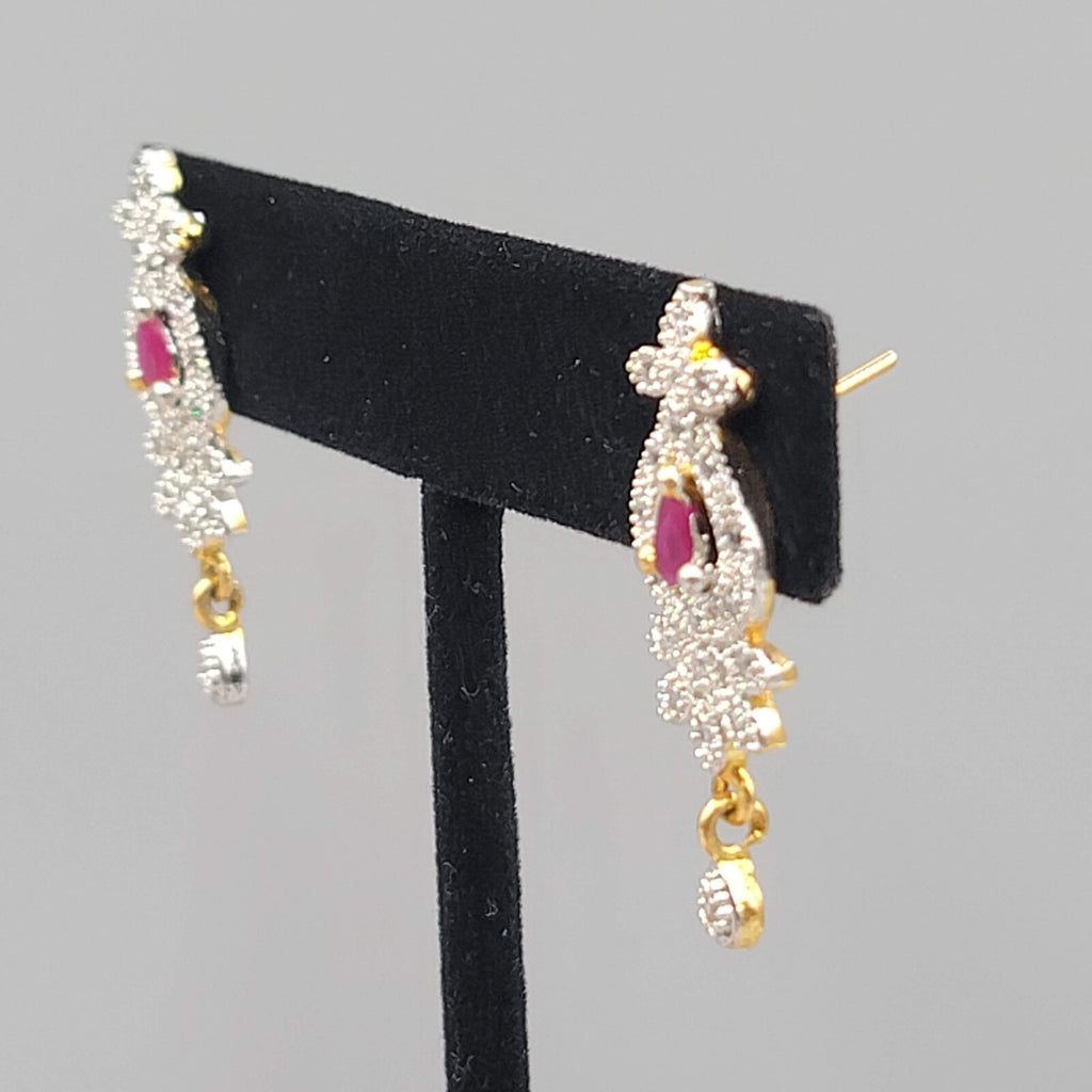Bollywood Style Pierced Earrings Gold Plated Red Center Stone Dangle 1.25"