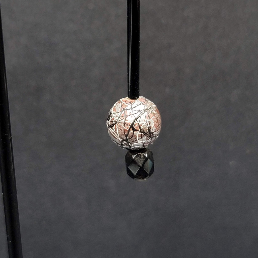 Pierced Earrings Silver tone Black Glass Bead Hand Painted 1.75"