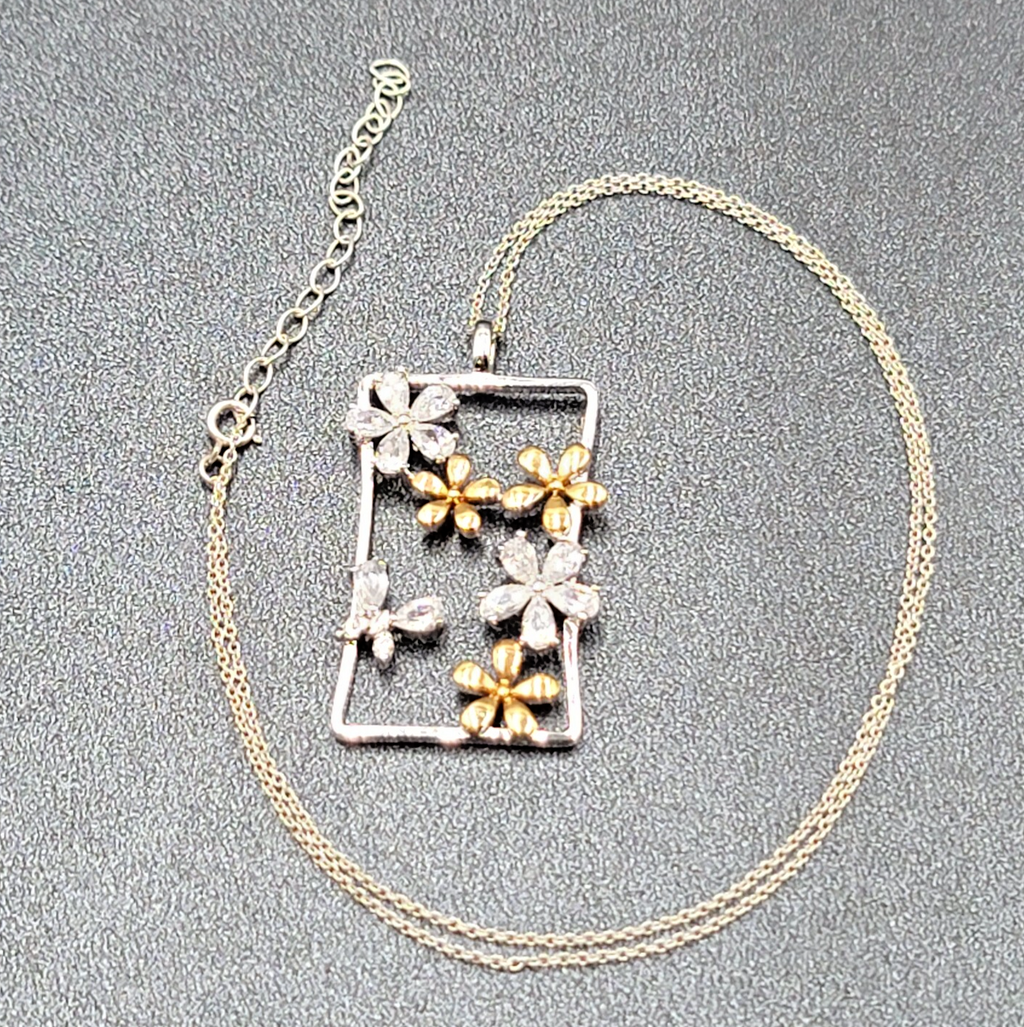 Sterling Silver Flower Crystal Gold Plated Pendant Necklace 16"-18"