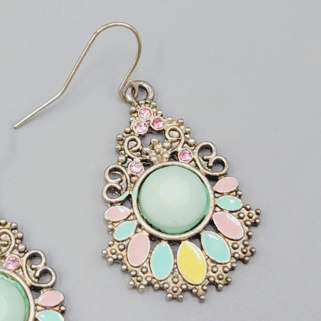 Pierced Earrings Silver tone Dangle Multi color Pastel Enamel Teardrop 1.25"