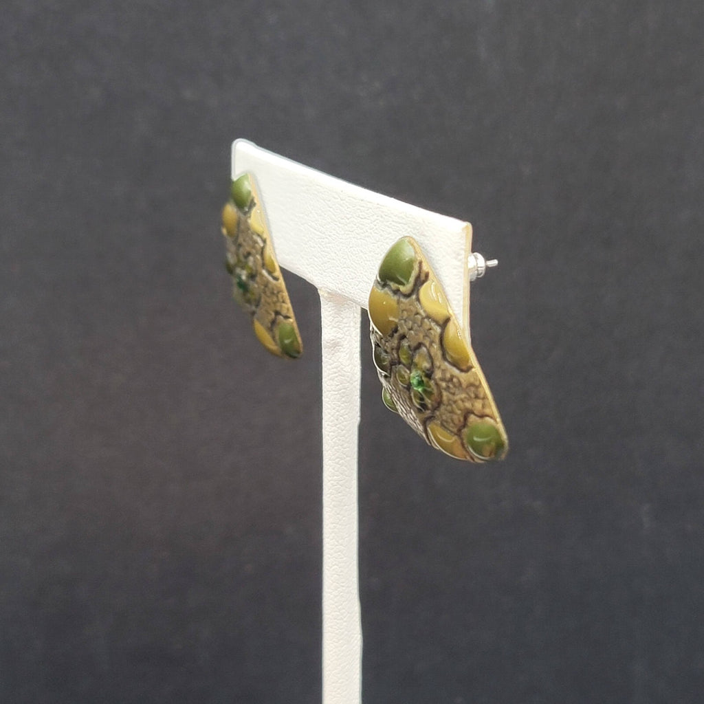 Pierced Earrings Bronze tone Green Rhinestone Enamel Triangle 1"
