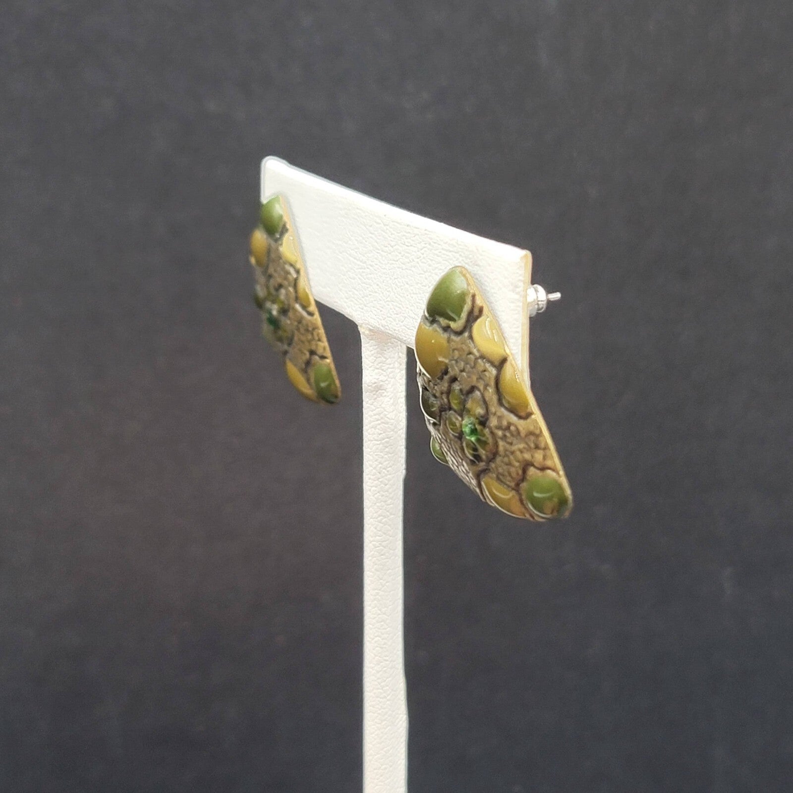 Pierced Earrings Bronze tone Green Rhinestone Enamel Triangle 1"