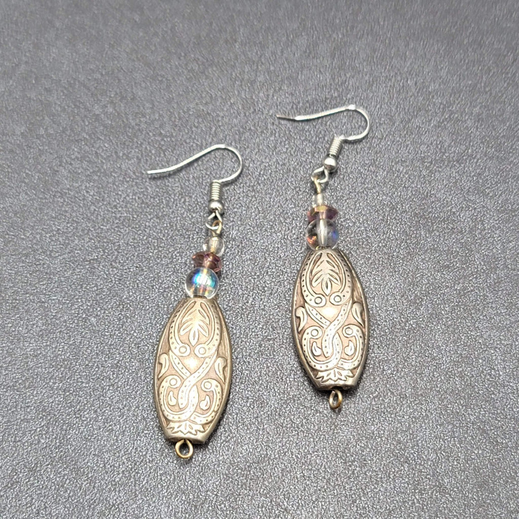 Pierced Earrings Silver tone Clear Purple Beaded Dangle 1.75"