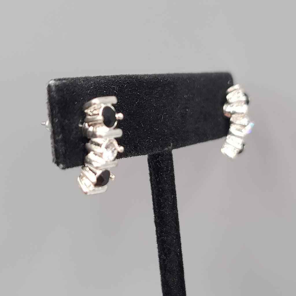 Pierced Earrings Silver tone Black Clear Crystal Drop Minimalist 5/8" 