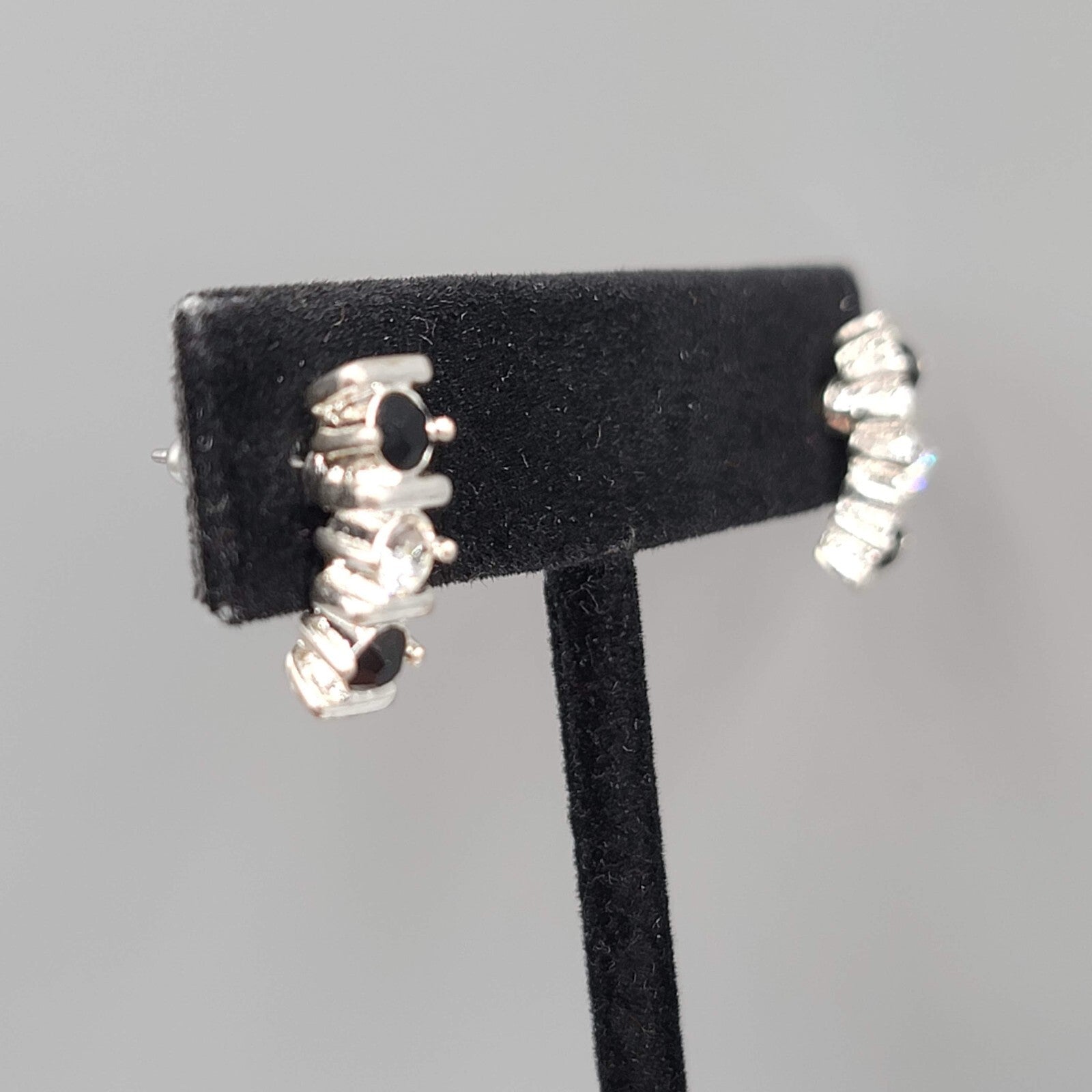 Pierced Earrings Silver tone Black Clear Crystal Drop Minimalist 5/8" 