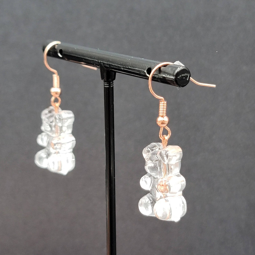 New Clear Gummy Bear Pierced Earrings Rose Gold tone Hooks Dangle 3/4"
