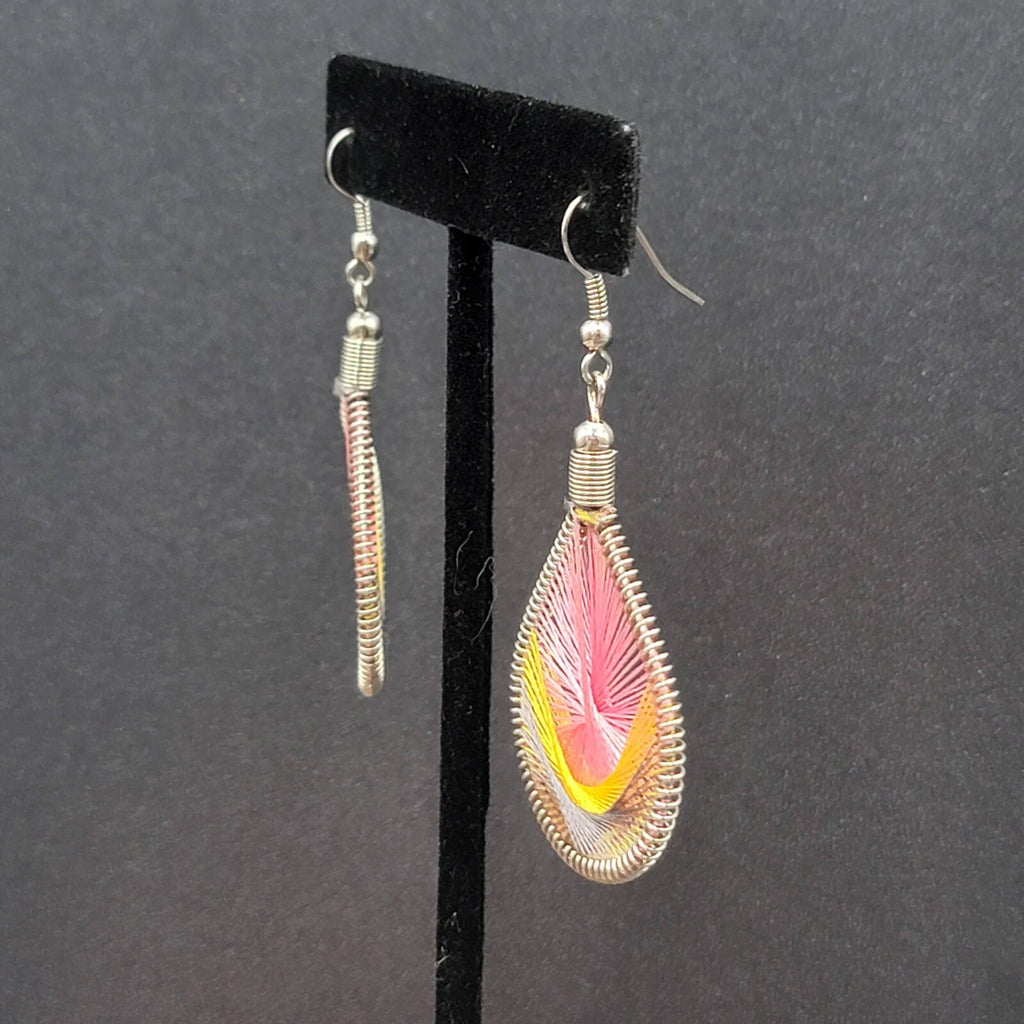 Pierced Earrings Silver tone String Art Yellow Pink Purple Teardrop 2"