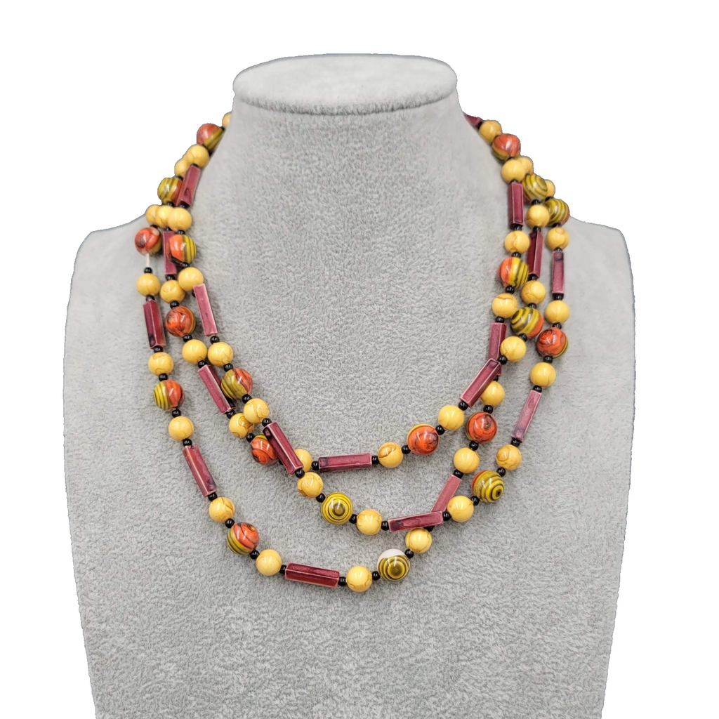 Vintage Extra Long Red Yellow Bead Necklace 52 in