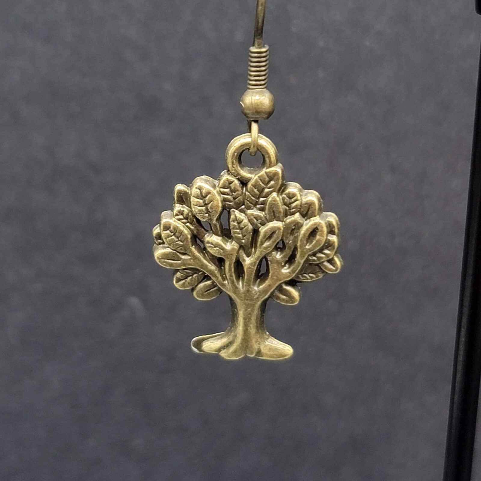 Tree Pierced Earrings Bronze tone Embossed Detail Dangle 7/8"