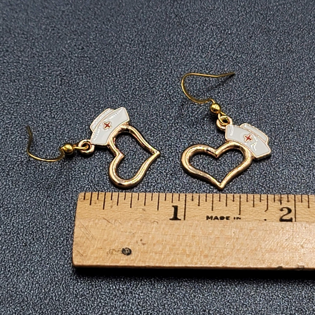 Nurse Heart Pierced Earrings Red White Enamel Gold tone Dangle 3/4"