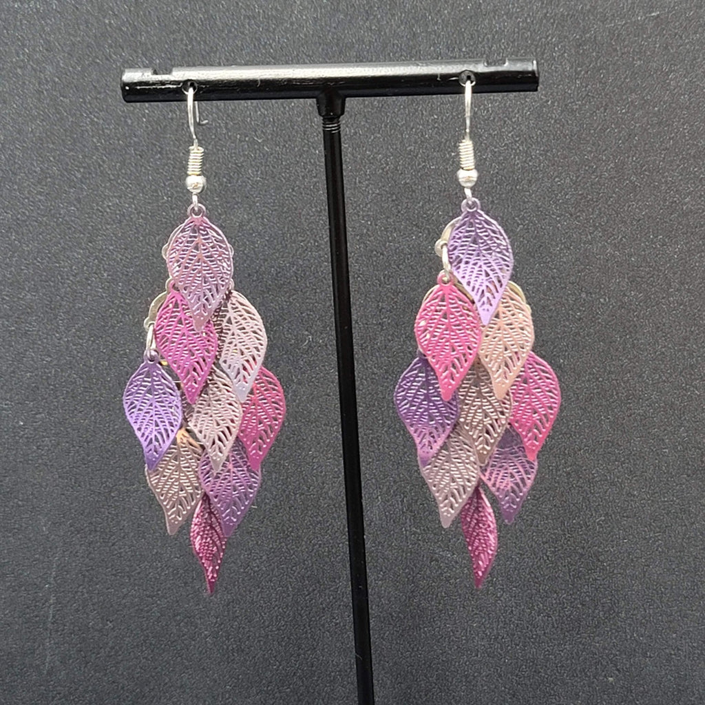 Pierced Earrings Purple Metal Laser Cut Chandelier Dangle 2.5"