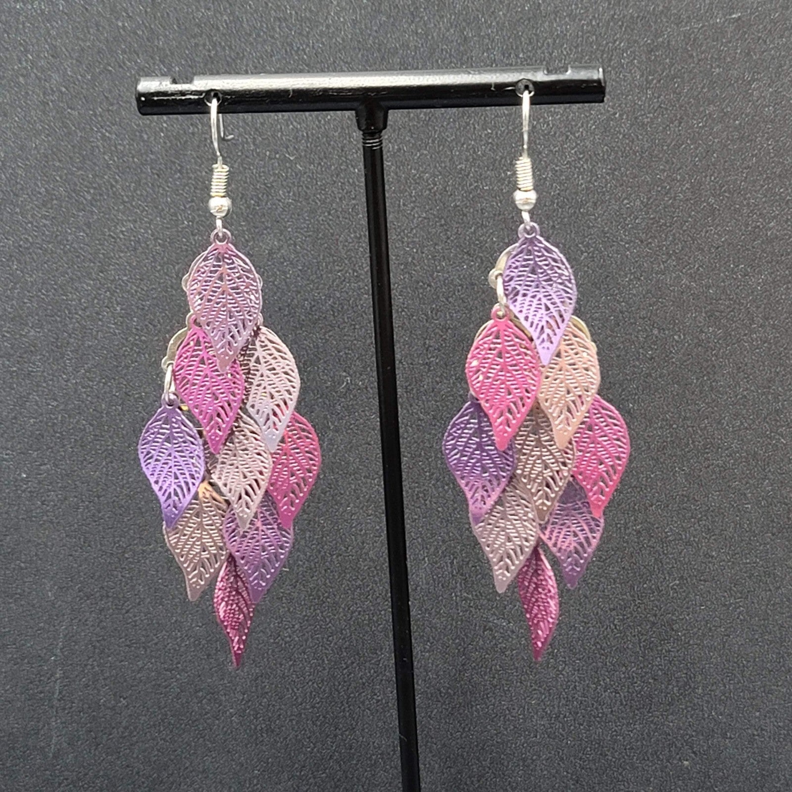 Pierced Earrings Purple Metal Laser Cut Chandelier Dangle 2.5"