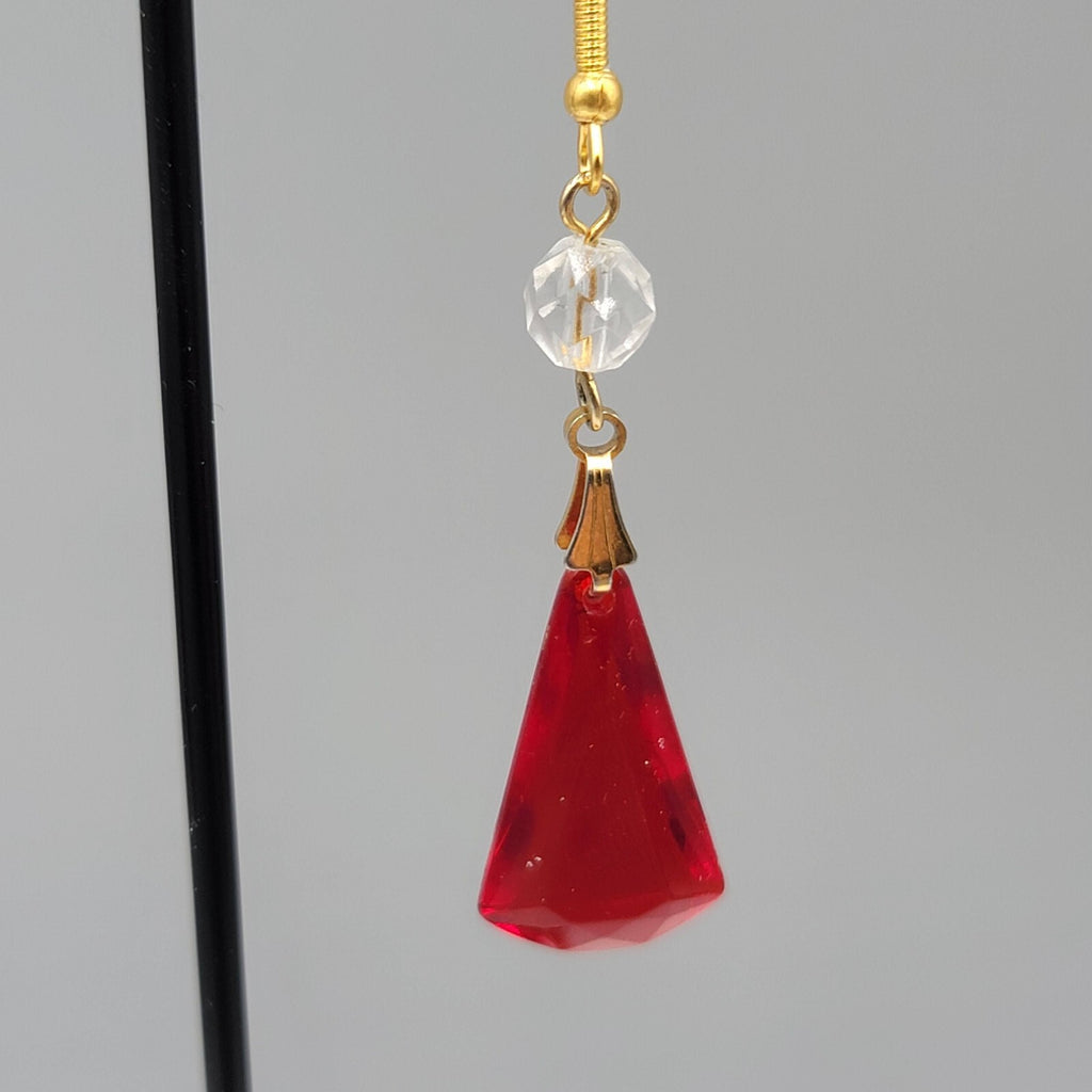 Pierced Earrings  Gold tone Red Clear Acrylic Bead Dangle 1.75" Lightweight