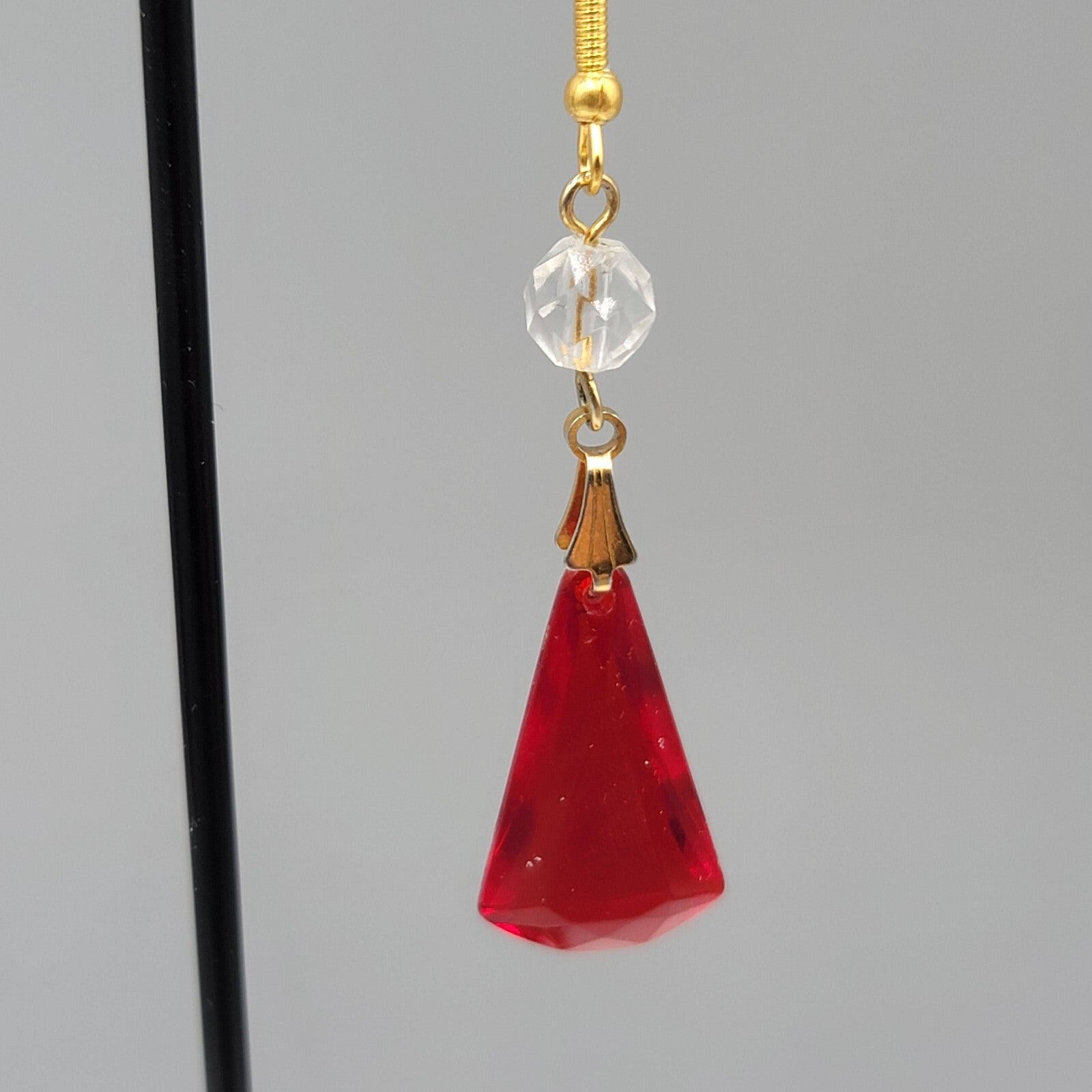 Pierced Earrings  Gold tone Red Clear Acrylic Bead Dangle 1.75" Lightweight