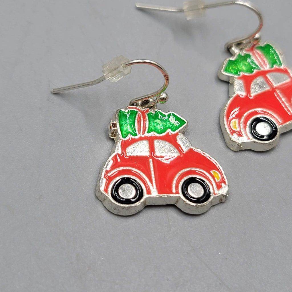 Christmas Tree Red Car Enamel Pierced Earrings Silver tone Dangle  3/4"