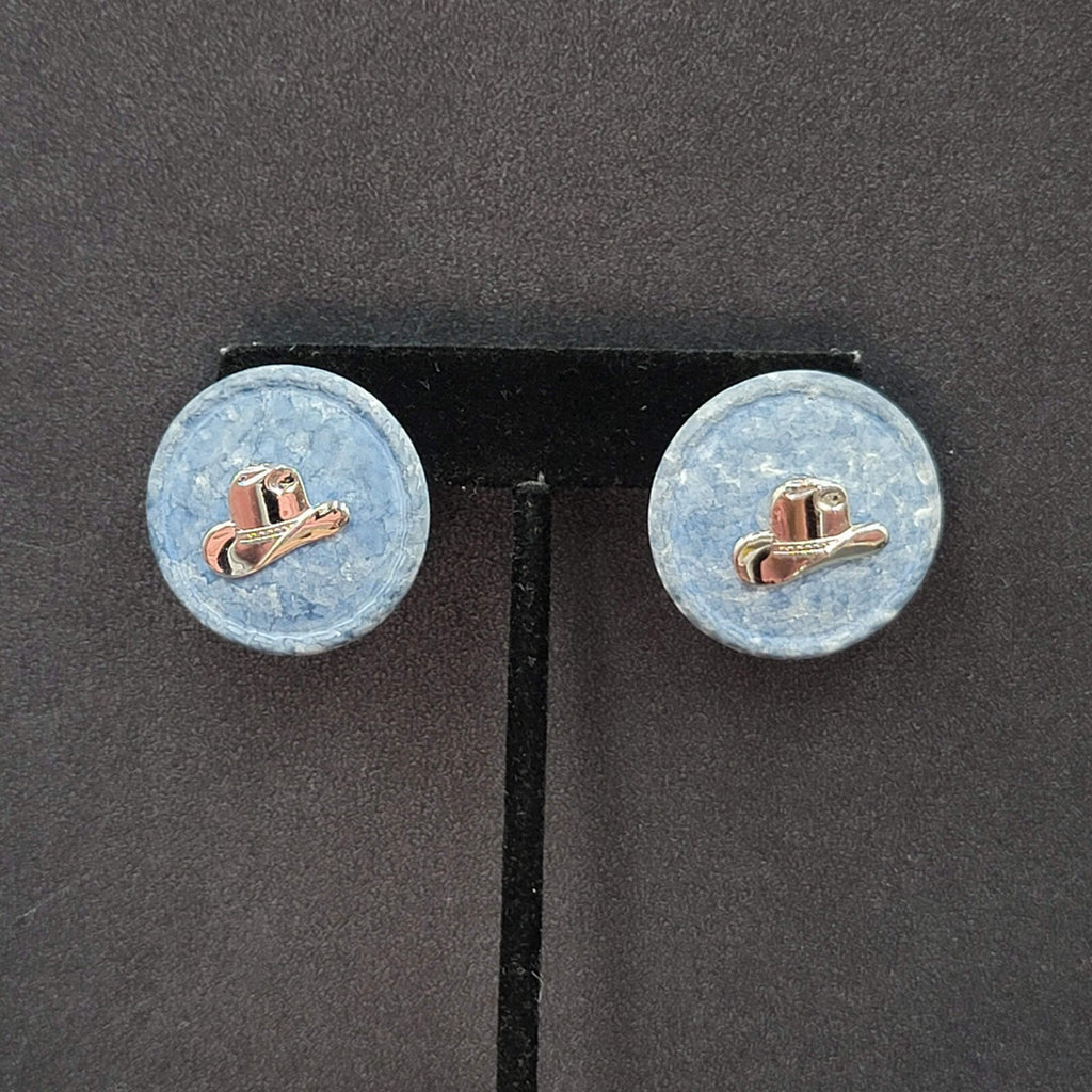 Vintage Pierced Earrings Blue Disc Western Cowboy Hat Silver tone 1 1/8"