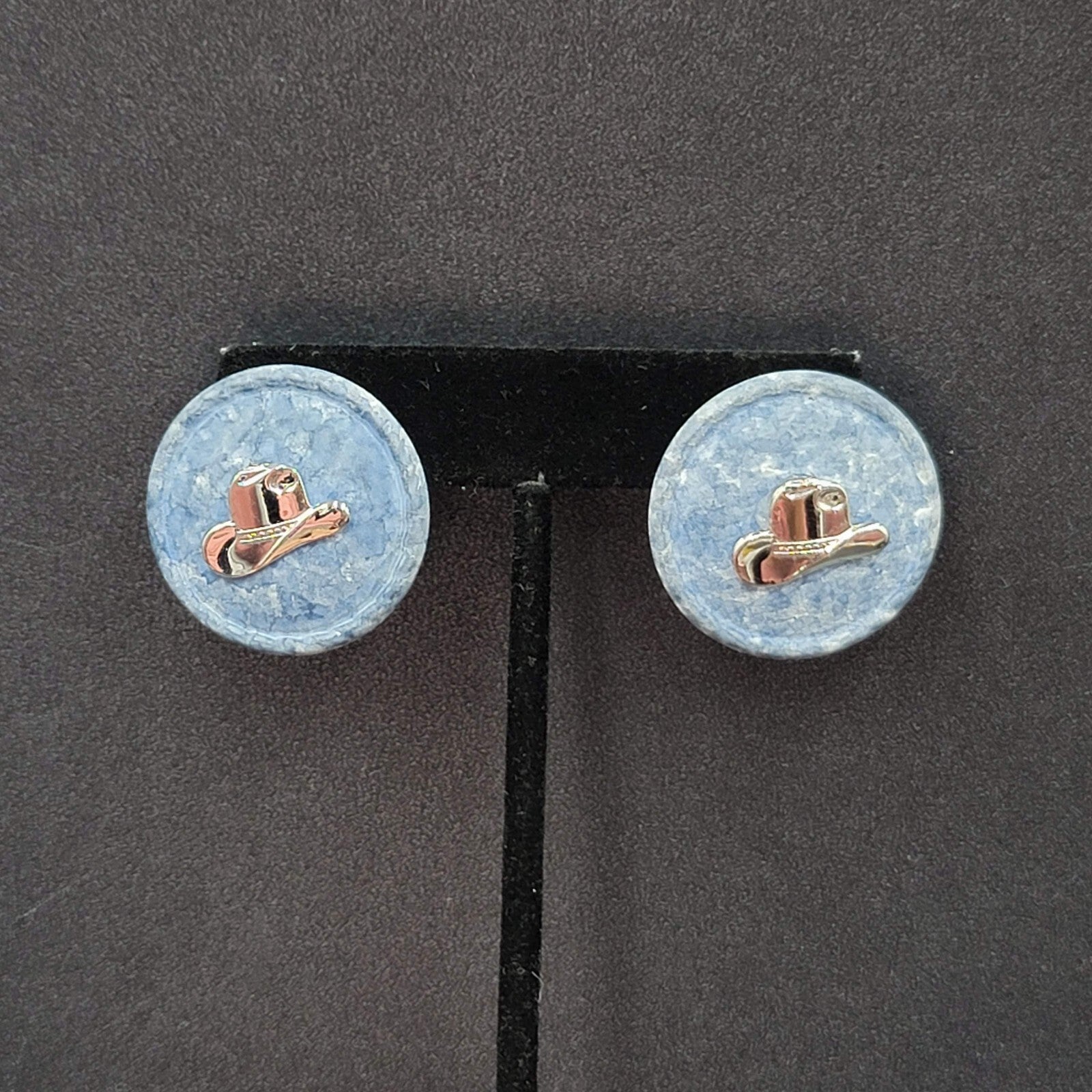 Vintage Pierced Earrings Blue Disc Western Cowboy Hat Silver tone 1 1/8"