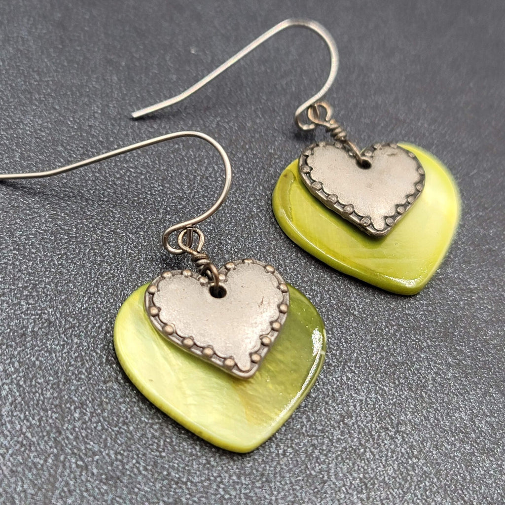 Vintage Heart Pierced Earrings Green Shell Silver tone Layered Dangle 3/4"