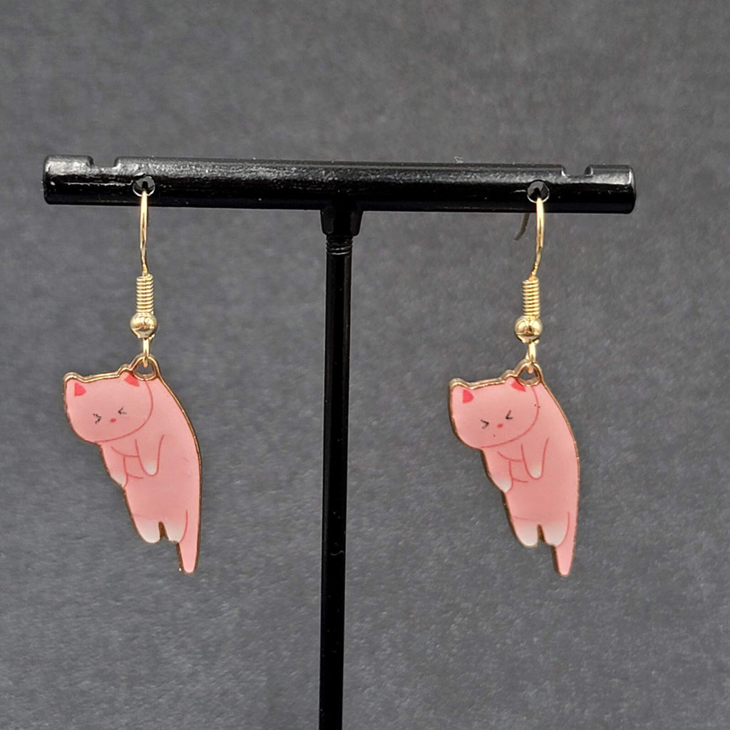 Cat Pierced Earrings Kitty Kitten Gold tone Pink Enamel Dangle 1"