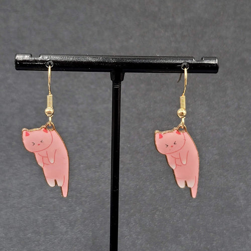 Cat Pierced Earrings Kitty Kitten Gold tone Pink Enamel Dangle 1"