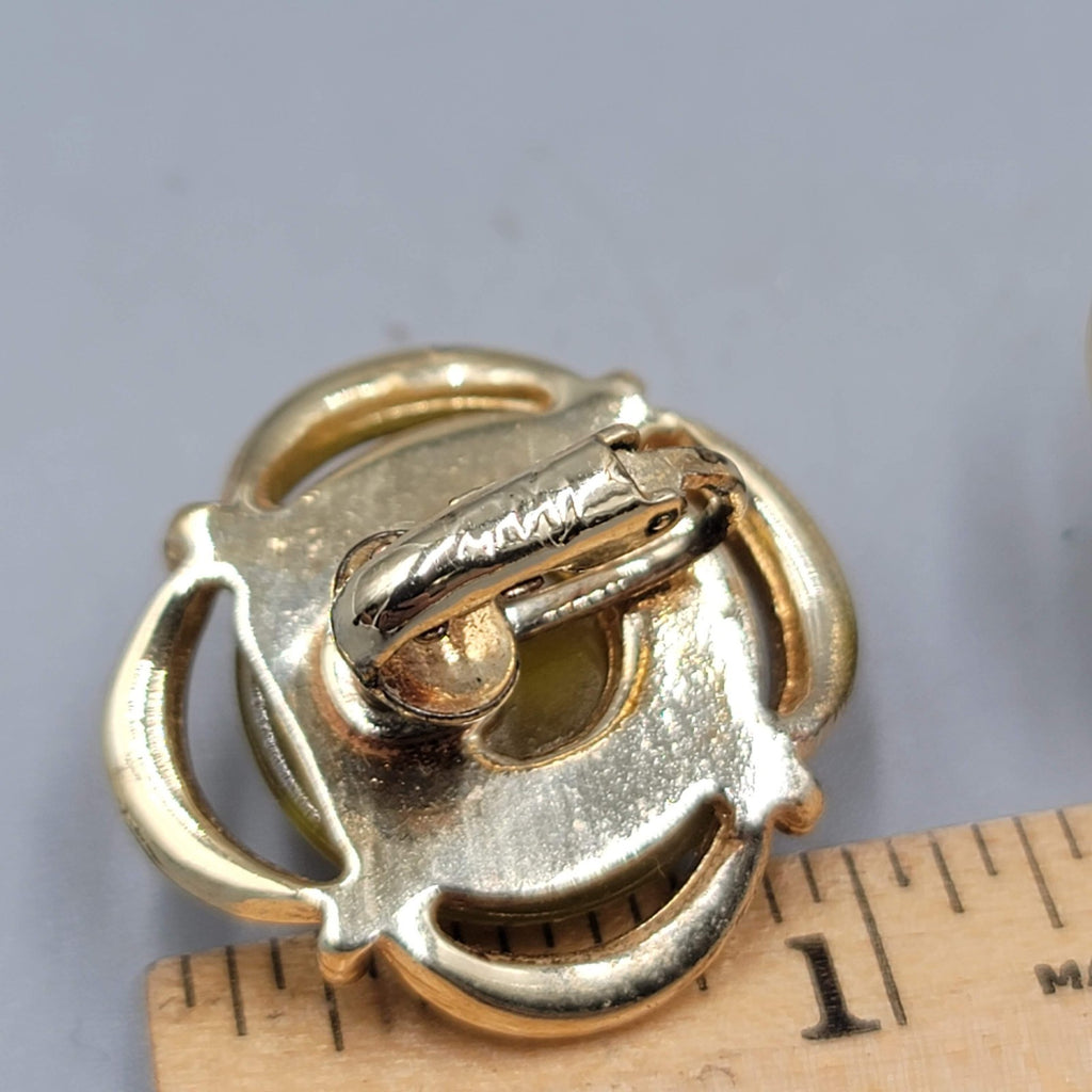 Vintage Olive Green Moon Glow Clip on Earrings Lucite Dome Gold tone 1 in