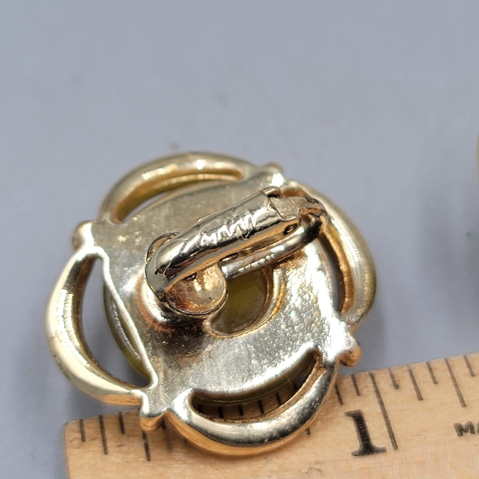 Vintage Olive Green Moon Glow Clip on Earrings Lucite Dome Gold tone 1 in