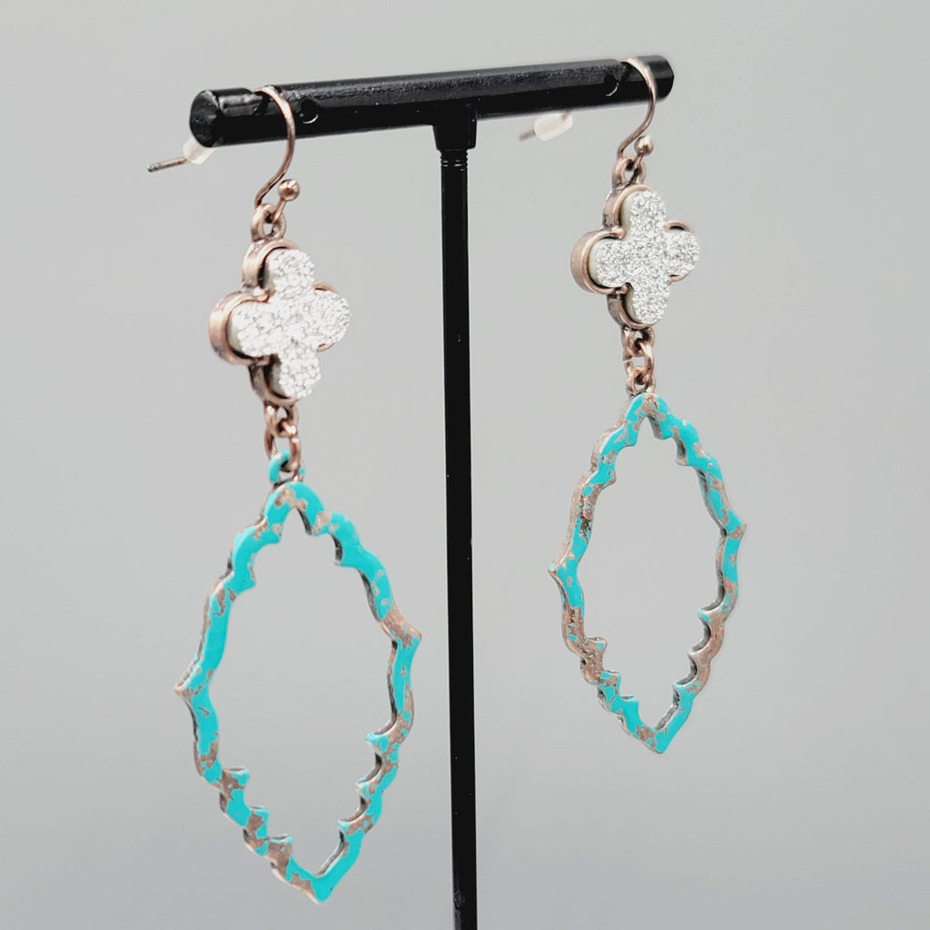 Blue Enamel Patina Dangle Pierced Earrings Silver tone Cross Copper tone 2.5"