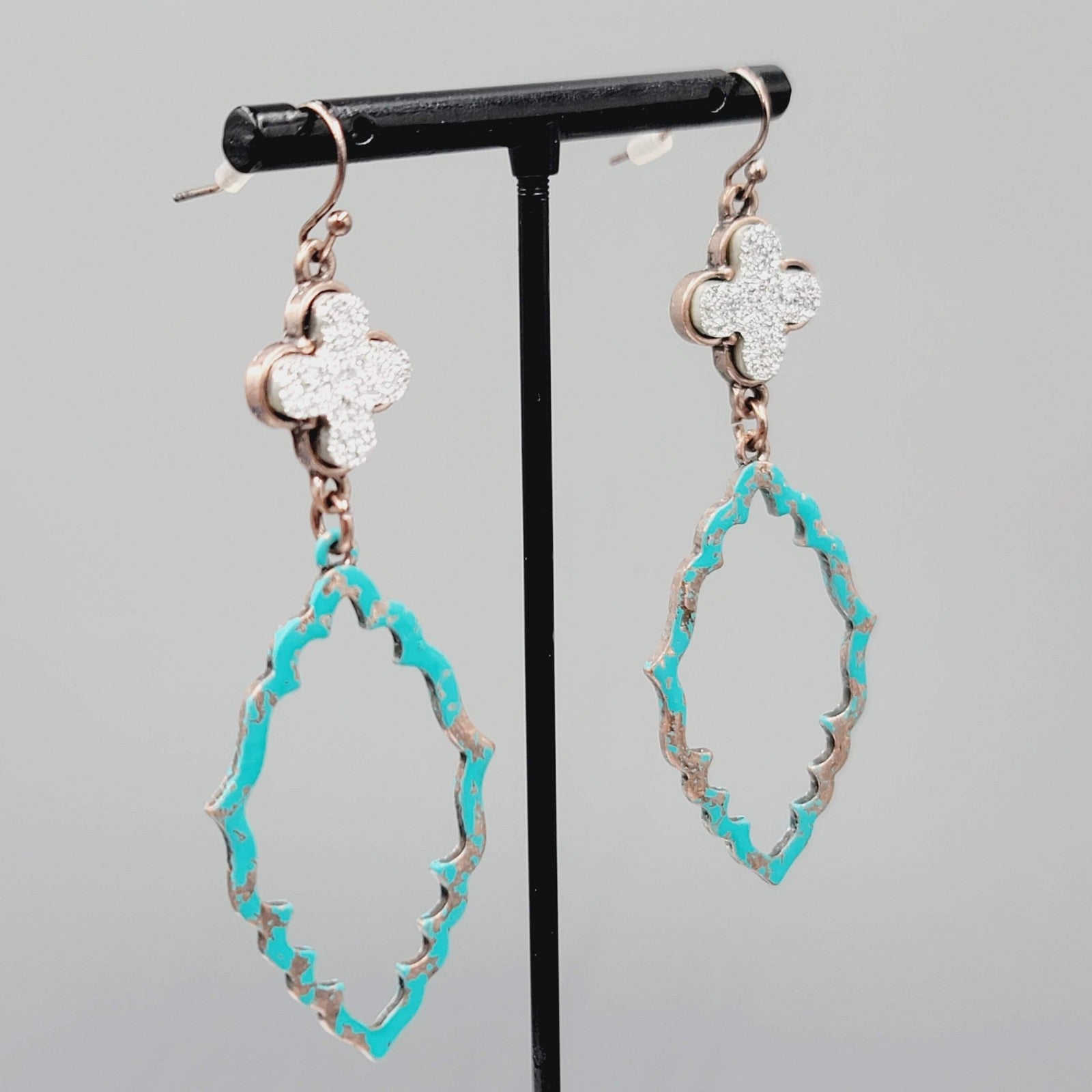 Blue Enamel Patina Dangle Pierced Earrings Silver tone Cross Copper tone 2.5"