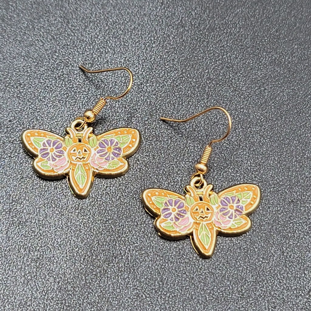 Halloween Moth Pierced Earrings Jack o Lantern Flowers Gold tone Dangle 3/4"