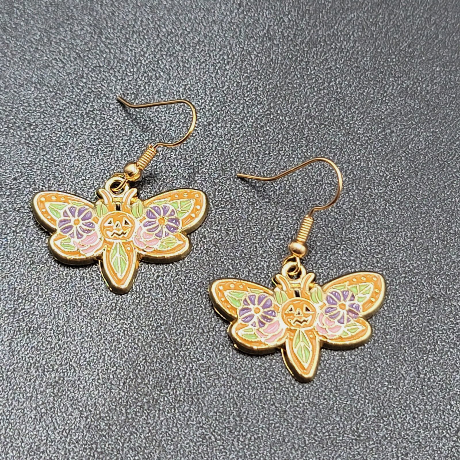Halloween Moth Pierced Earrings Jack o Lantern Flowers Gold tone Dangle 3/4"