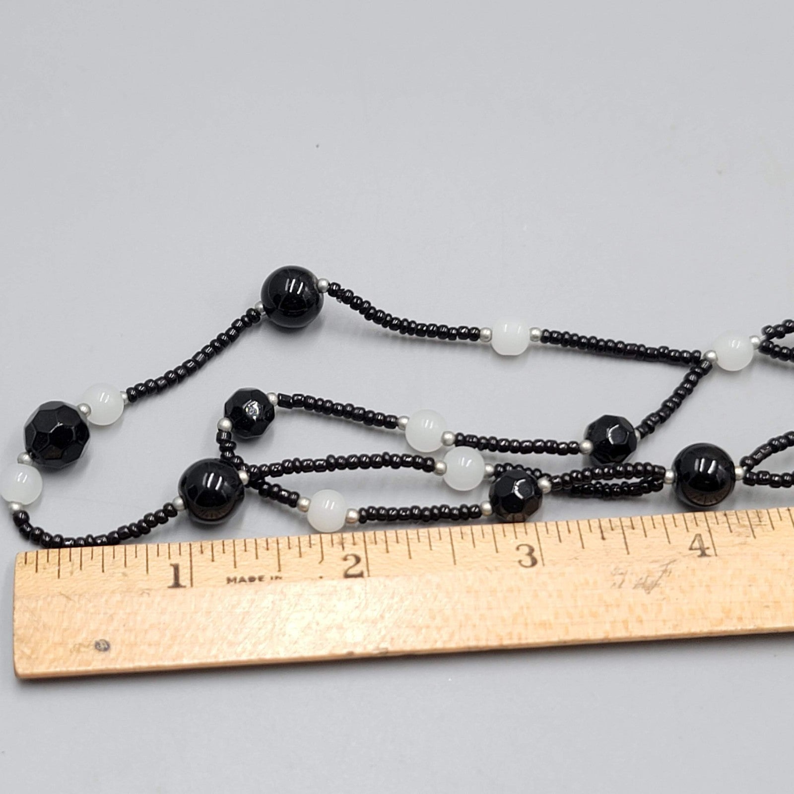 Black Glass Bead White Opaque Double Strand Necklace 20"-22"