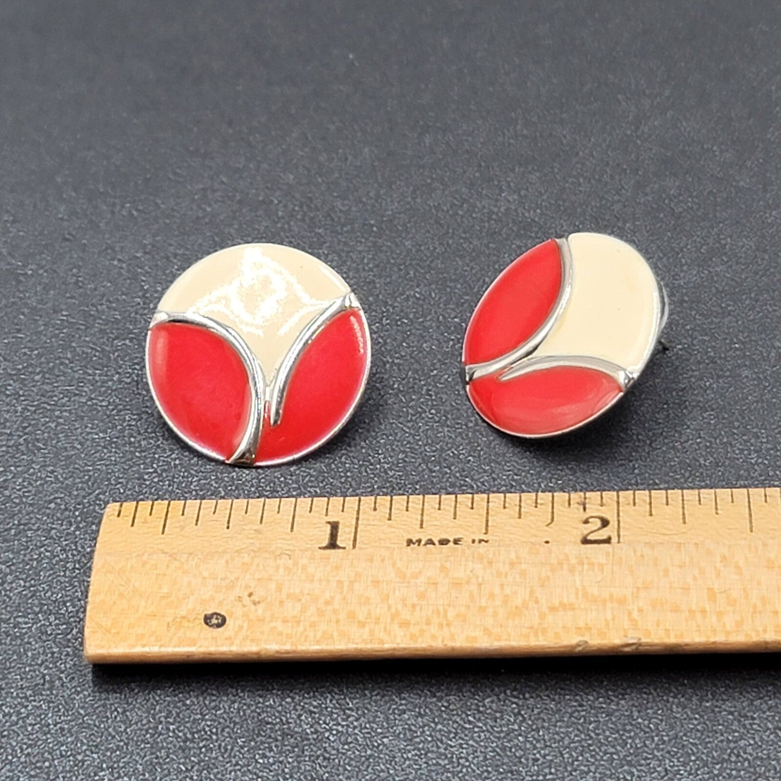Vintage Pierced Earrings Silver tone White Red Enamel Disc Studs 7/8"