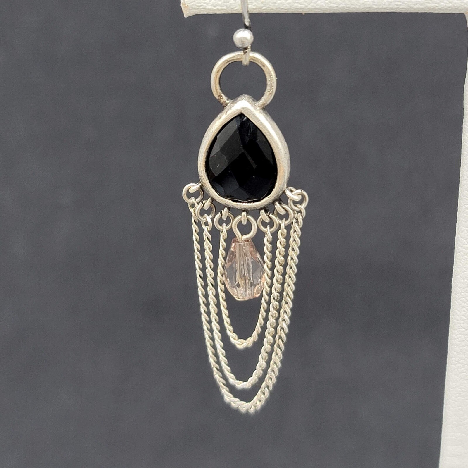 Pierced Earrings Silver tone Black Faceted Teardrop Chains  1.75"