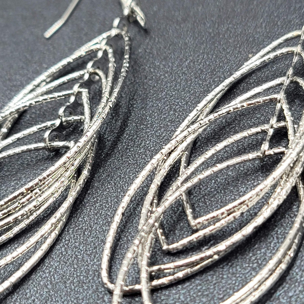 Pierced Earrings Silver tone Textured Concentric Hoops Dangle Statement 2.75"