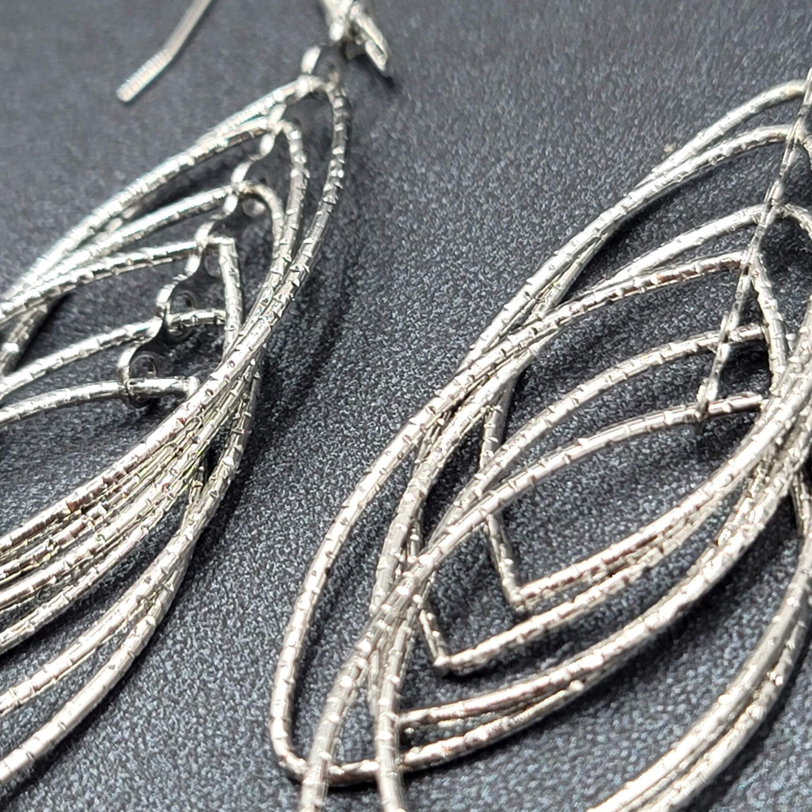 Pierced Earrings Silver tone Textured Concentric Hoops Dangle Statement 2.75"