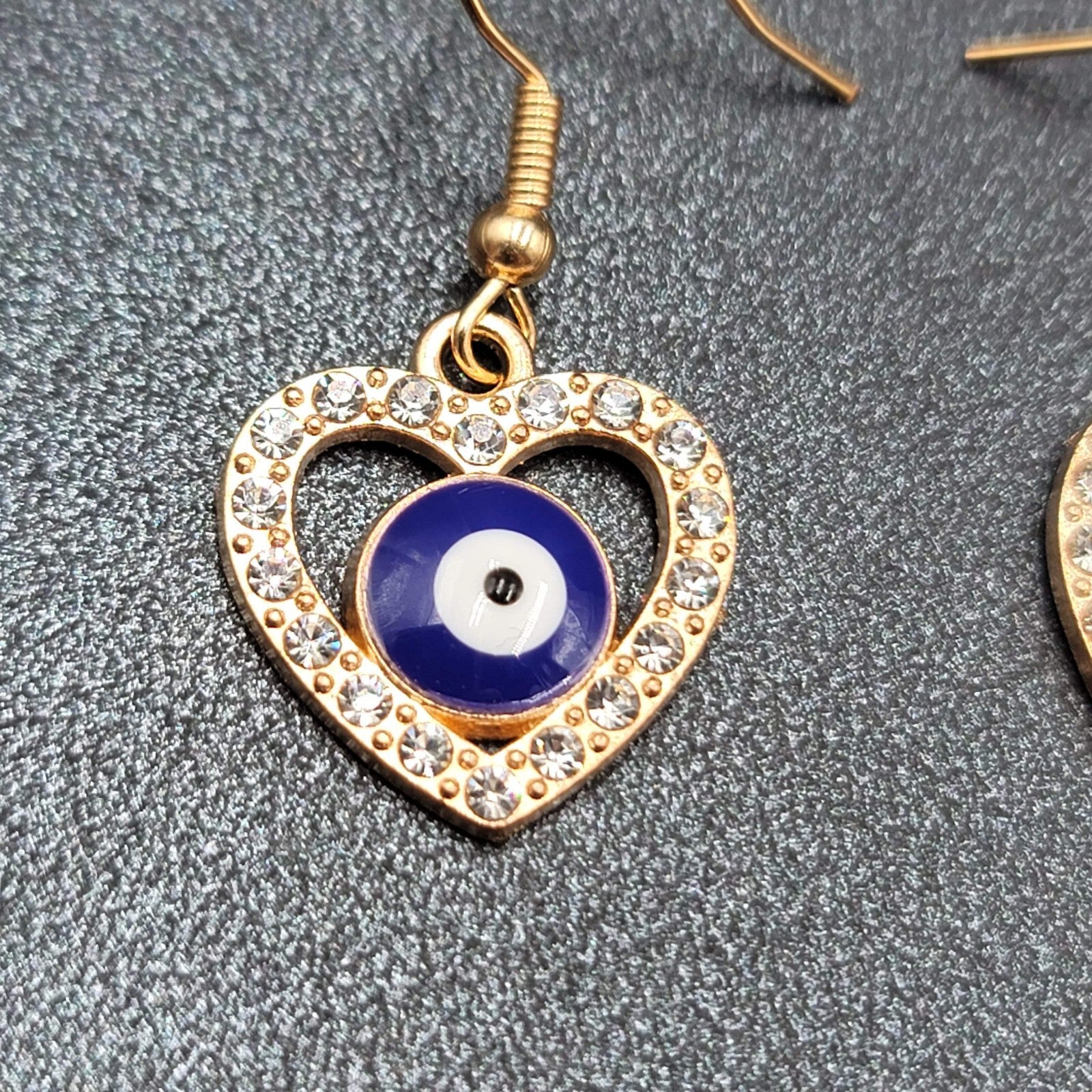 Pierced Earrings Gold tone Enamel Evil Eye Rhinestone Heart Dangle 3/4"