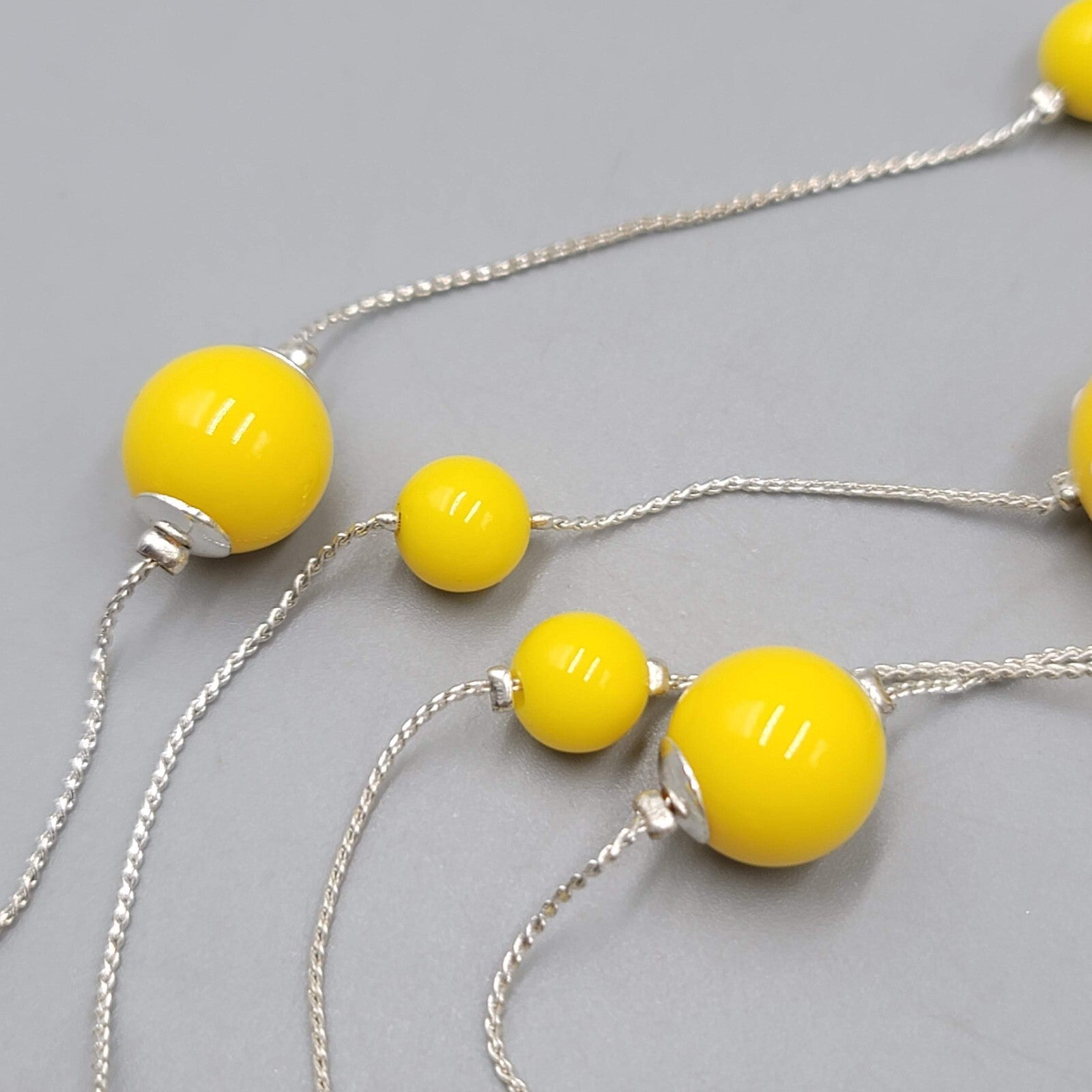 Yellow Bead Long Necklace Silver tone White Polka Dots 30" Double Strand Station