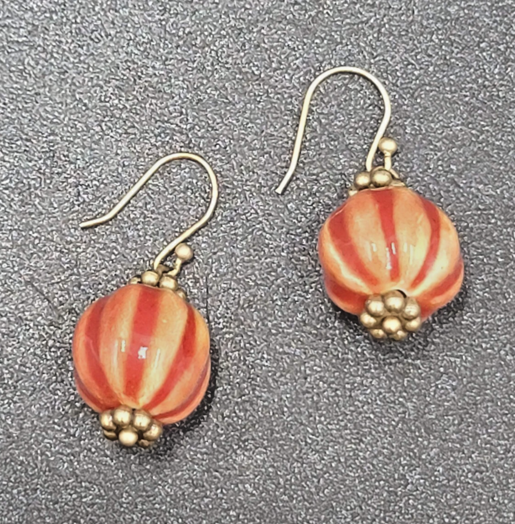 Pierced Earrings Gold tone Hand Painted Pottery Bead Dangle 3/4"