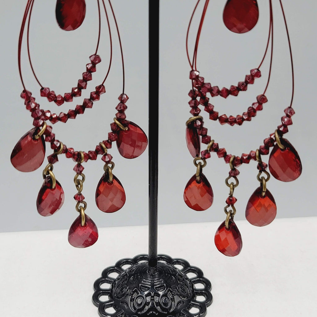 Red Bead Pierced Earrings Bronze tone Dangle Loops 3.5"