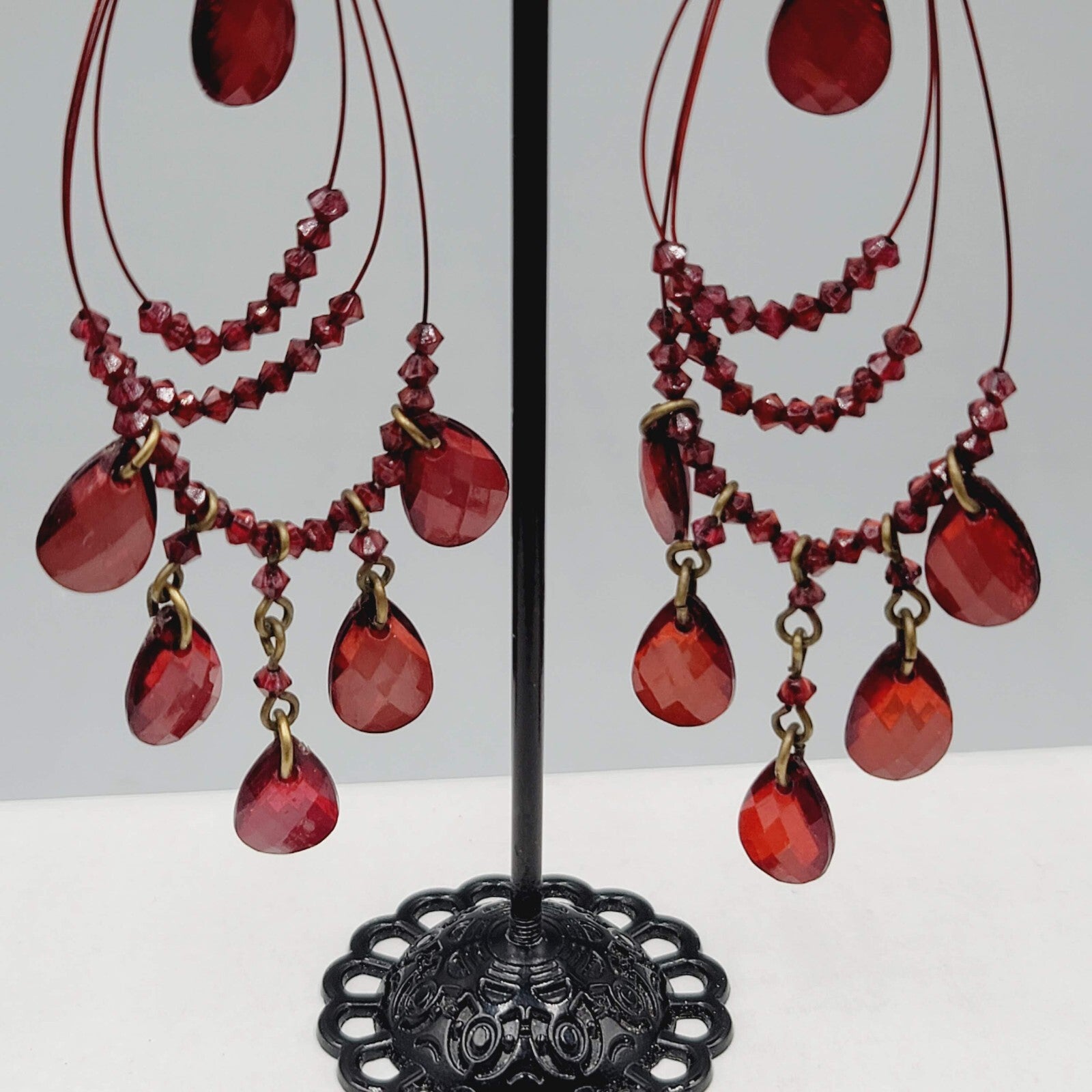 Red Bead Pierced Earrings Bronze tone Dangle Loops 3.5"