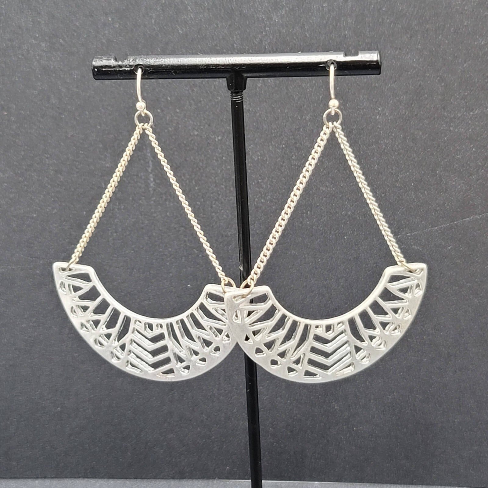 Pierced Earrings Silver tone Dangle Chains Statement 2.5"
