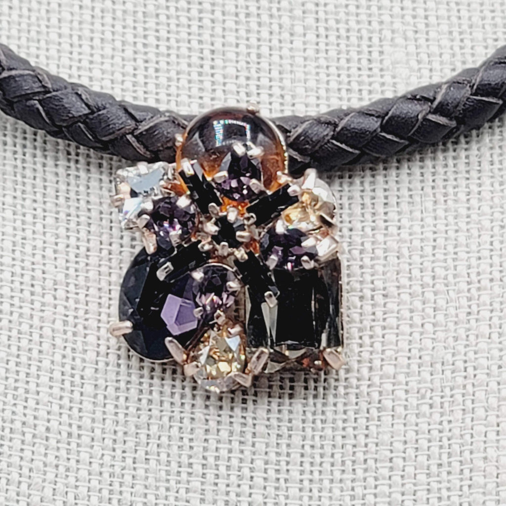 Statement Signed Necklace Rhinestone Pendant Braided Leather Cord 18"-21"