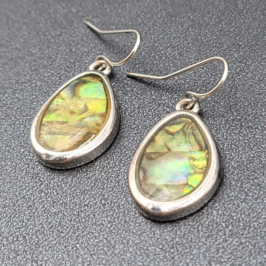 Pierced Earrings Silver tone Imitation Abalone Teardrop Dangle 1"