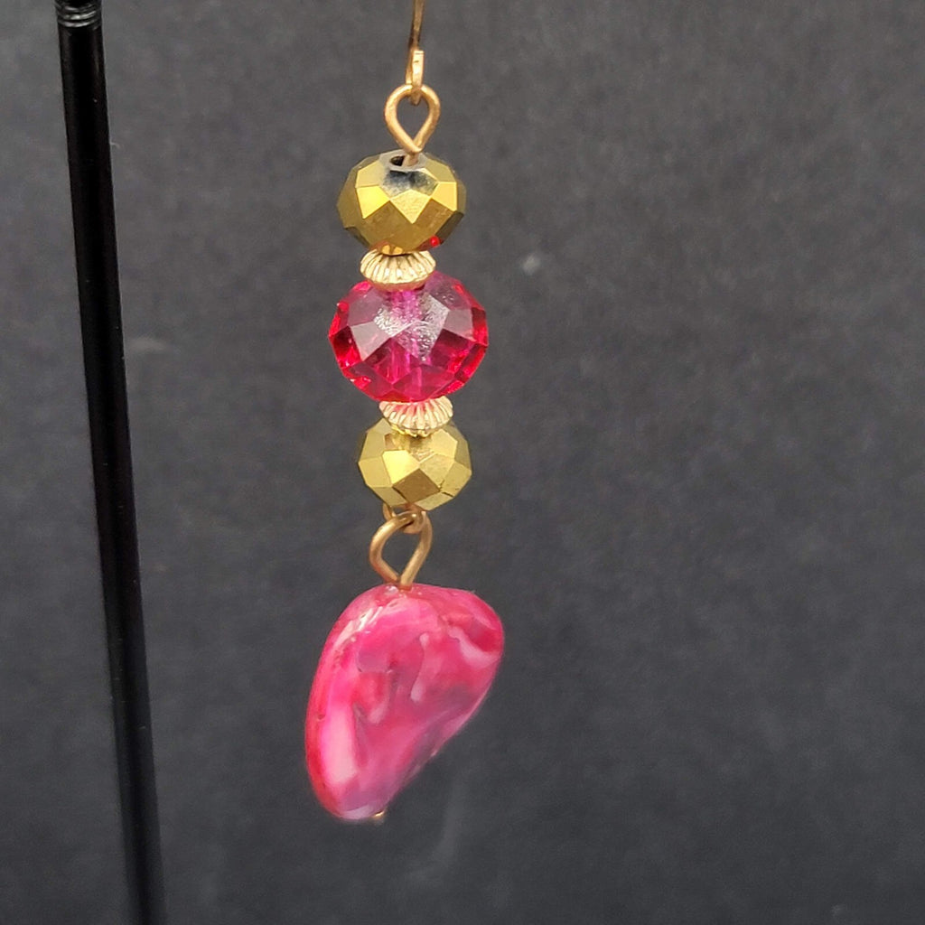 Pierced Earrings Gold tone Pink Beads Dyed Shell Dangle 2 1/8"