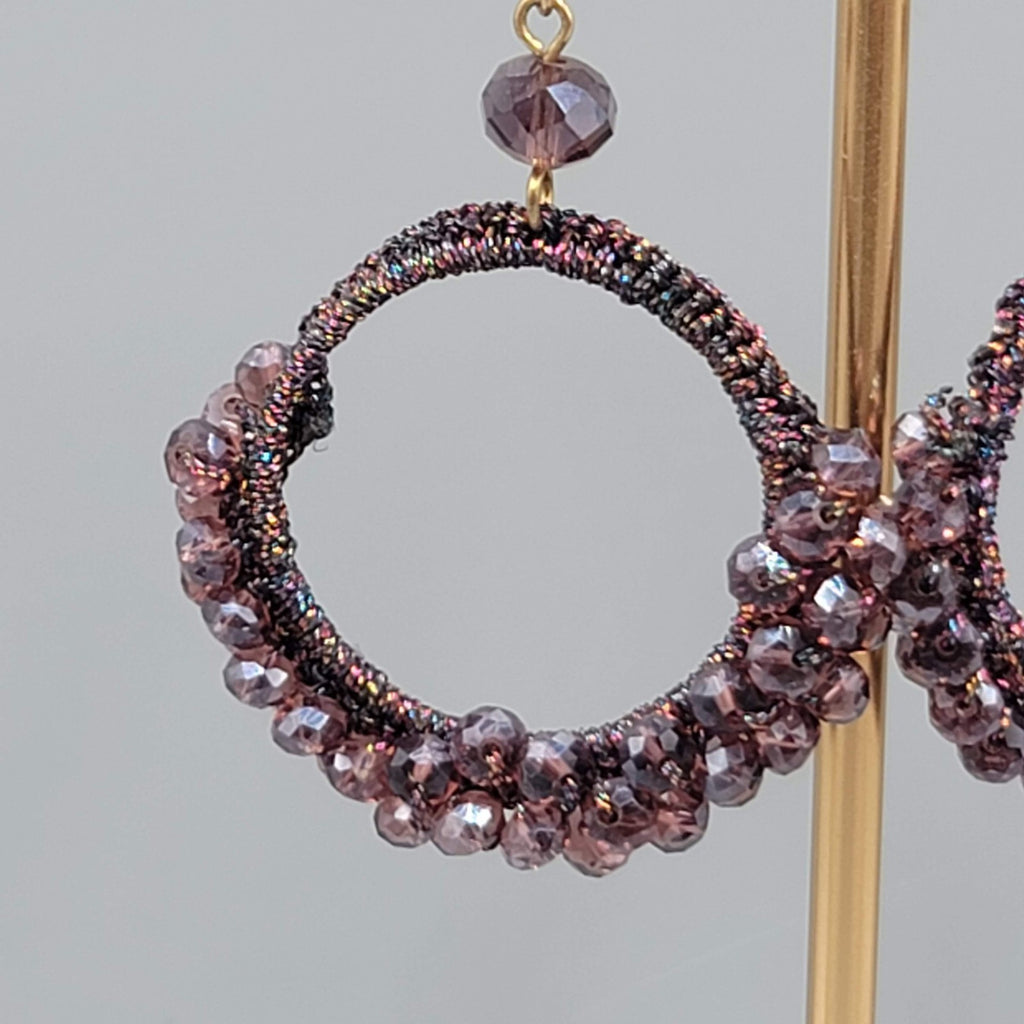 Purple Crystal Bead Pierced Earrings Thread Covered Open Hoop 1.75"