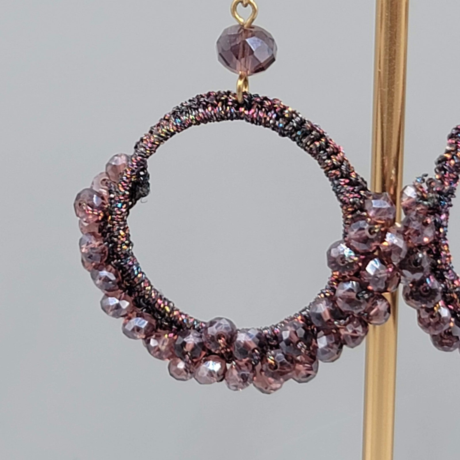Purple Crystal Bead Pierced Earrings Thread Covered Open Hoop 1.75"