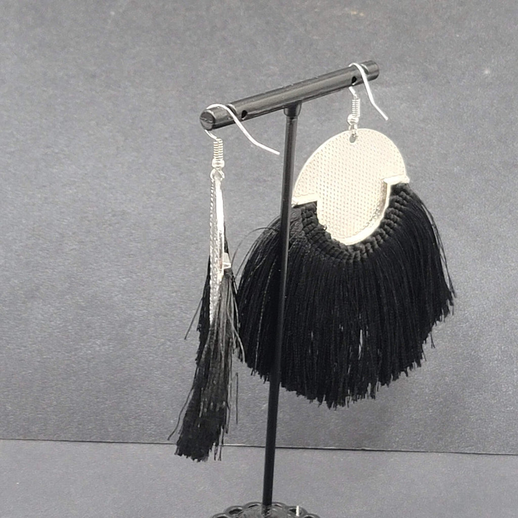 Pierced Earrings Silver tone Black Tassel Statement Dangle 2.5"